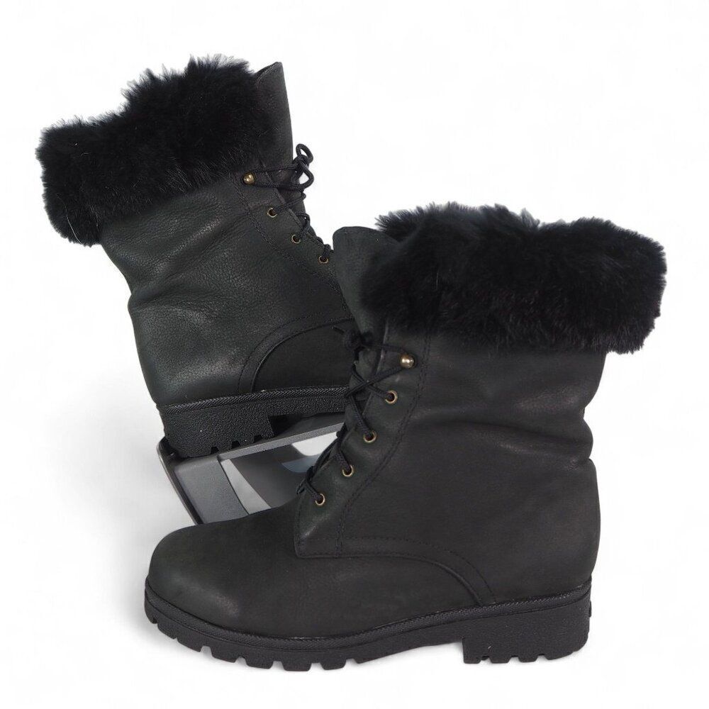Sorel Lace-up Leather w/ Fur Trim Winter Boots Made in Canada Black Women's 8.5M